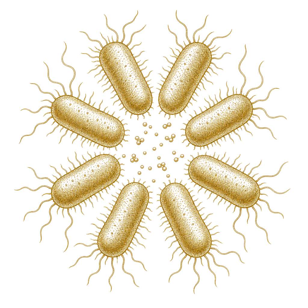 Six rod-shaped bacteria arranged in a ring, exchanging chemical signals